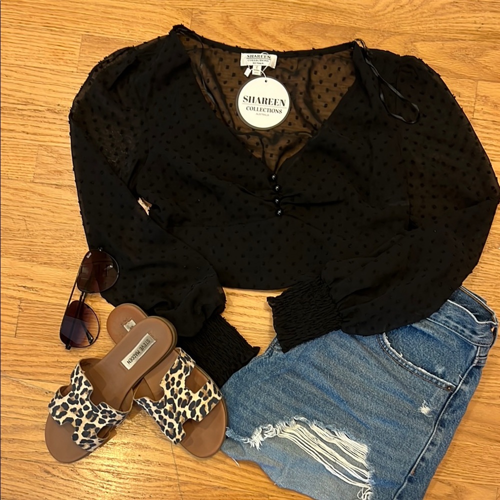 Sheer Black Long Sleeve Buttoned Crop Blouse